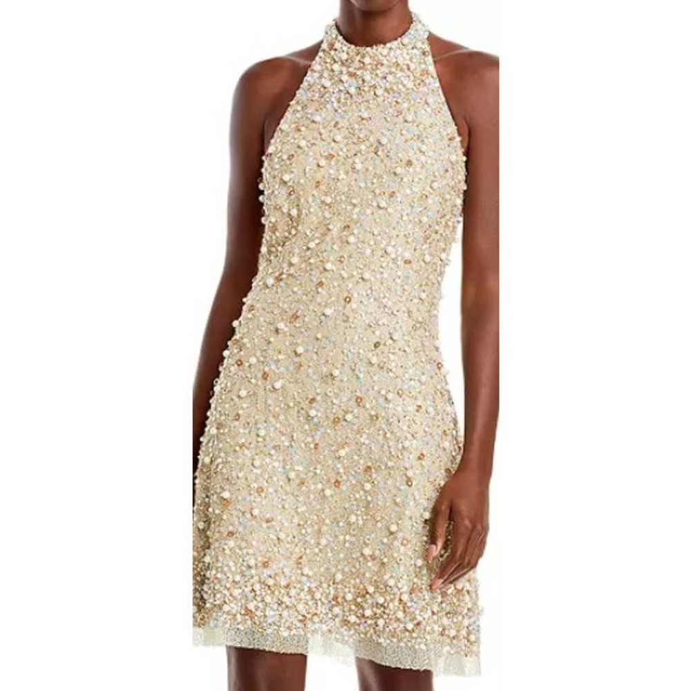 AIDAN MATTOX 14 ivory gold halter beaded sleeveless cocktail dress $275 B82